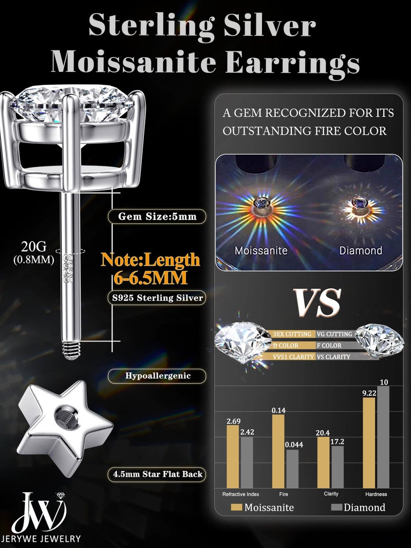 JeryWe Moissanite Earrings Studs - 925 Sterling Silver Earrings for Women Men Double Sided Star Flat Back Stud Earring Hypoallergenic Cartilage Helix Piercing Moissanite Jewelry D Color VVS1 Silver 5MM - Image 4