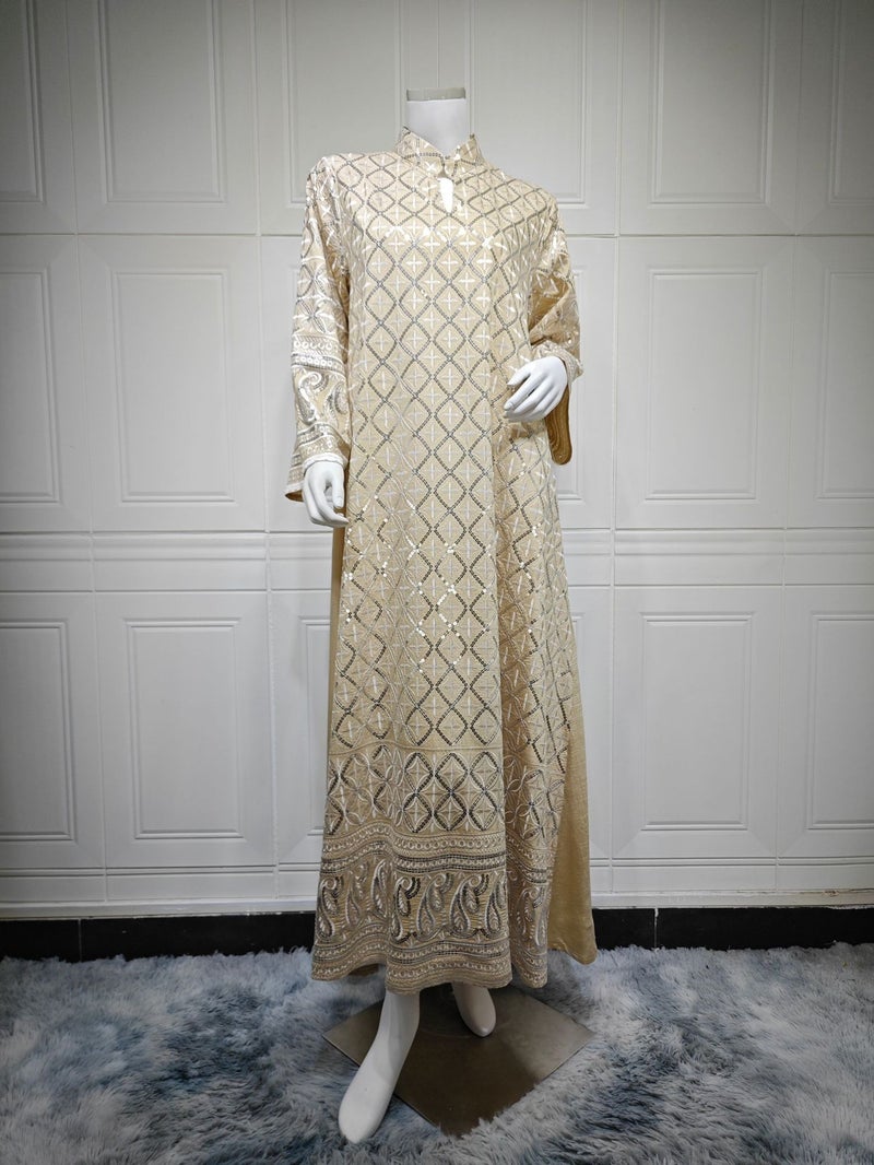 AB512 Embroidered V-Neck Long Sleeve Maxi Dress with Sequins - 2026 New Arrival Women's Fashion