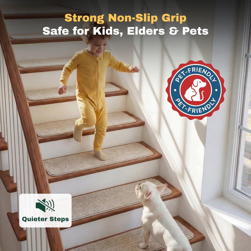 MBIGM 8" X 30" (15 in Pack) Non-Slip Carpet Stair Treads Non-Skid Safety Rug Slip Resistant Indoor Runner for Kids Elders & Pets with Reusable Adhesive - Cornstalk - Carpet Pads for Stairs - Image 3
