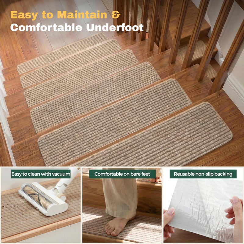 MBIGM 8" X 30" (15 in Pack) Non-Slip Carpet Stair Treads Non-Skid Safety Rug Slip Resistant Indoor Runner for Kids Elders & Pets with Reusable Adhesive - Cornstalk - Carpet Pads for Stairs - Image 5
