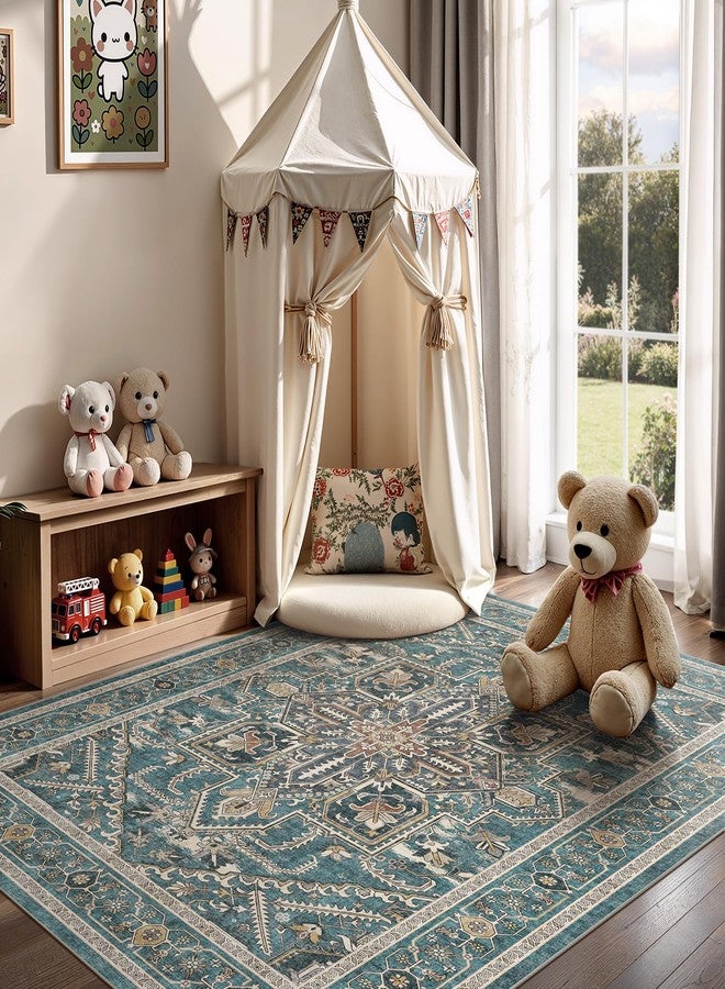 WITSHOCK Living Room Area Rugs 5x7: Washable Rug Boho Soft Non-Slip Low Pile Stain Resistant Foldable Carpet for Bedroom Playroom Dining Room Office Kitchen Farmhouse Home Decor Rug-Dull Teal - Image 5