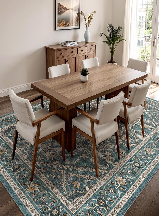 WITSHOCK Living Room Area Rugs 5x7: Washable Rug Boho Soft Non-Slip Low Pile Stain Resistant Foldable Carpet for Bedroom Playroom Dining Room Office Kitchen Farmhouse Home Decor Rug-Dull Teal - Image 4