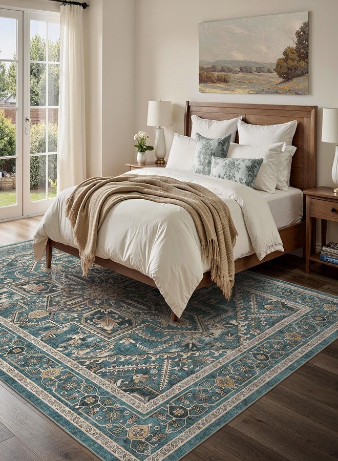 WITSHOCK Living Room Area Rugs 5x7: Washable Rug Boho Soft Non-Slip Low Pile Stain Resistant Foldable Carpet for Bedroom Playroom Dining Room Office Kitchen Farmhouse Home Decor Rug-Dull Teal - Image 3