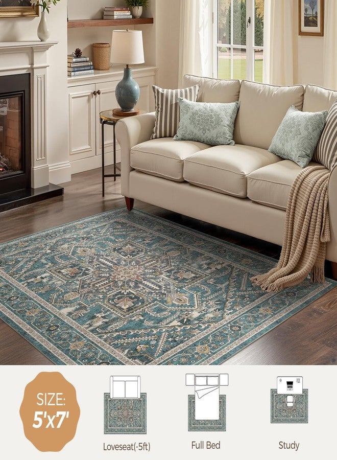 WITSHOCK Living Room Area Rugs 5x7: Washable Rug Boho Soft Non-Slip Low Pile Stain Resistant Foldable Carpet for Bedroom Playroom Dining Room Office Kitchen Farmhouse Home Decor Rug-Dull Teal - Image 2