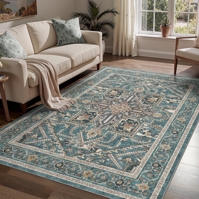 WITSHOCK Living Room Area Rugs 5x7: Washable Rug Boho Soft Non-Slip Low Pile Stain Resistant Foldable Carpet for Bedroom Playroom Dining Room Office Kitchen Farmhouse Home Decor Rug-Dull Teal - Image 1