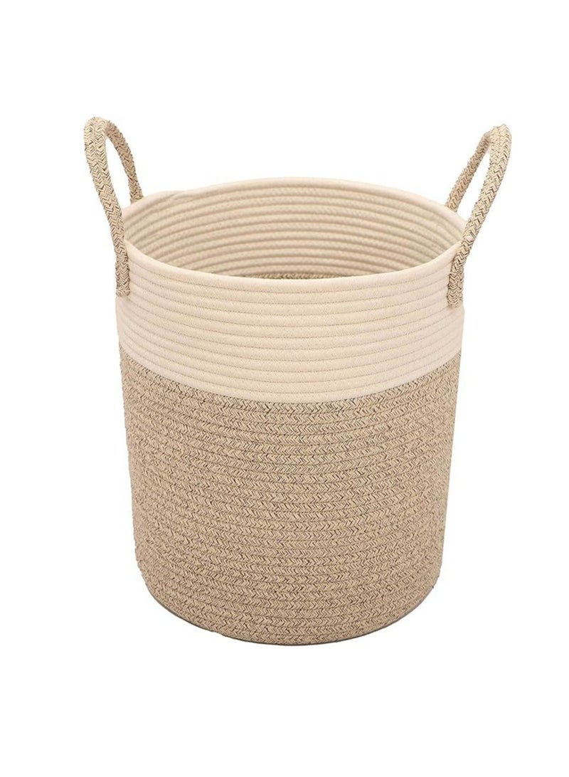 Cotton Rope Basket 30x35cm Woven Rope Basket with Handles for Storage of Laundry, Toys, Pillows, Baby, Blanket, Towels, Throws (White & Beige) - Image 1