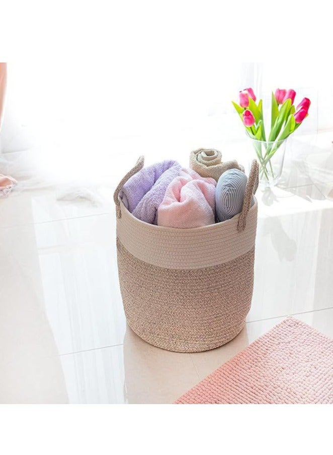 Cotton Rope Basket 30x35cm Woven Rope Basket with Handles for Storage of Laundry, Toys, Pillows, Baby, Blanket, Towels, Throws (White & Beige) - Image 2