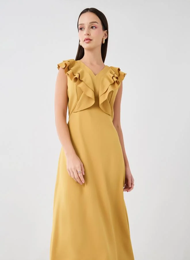 Take Two Take Two Solid V-Neck Ruffled Detail Sleeveless Midi Dress