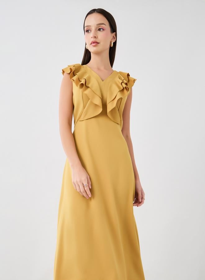 Take Two Solid V-Neck Ruffled Detail Sleeveless Midi Dress - Image 2