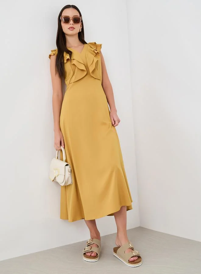 Take Two Take Two Solid V-Neck Ruffled Detail Sleeveless Midi Dress