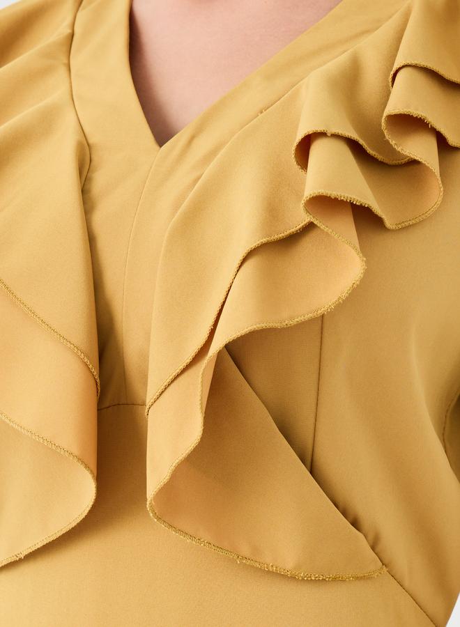 Take Two Solid V-Neck Ruffled Detail Sleeveless Midi Dress - Image 3