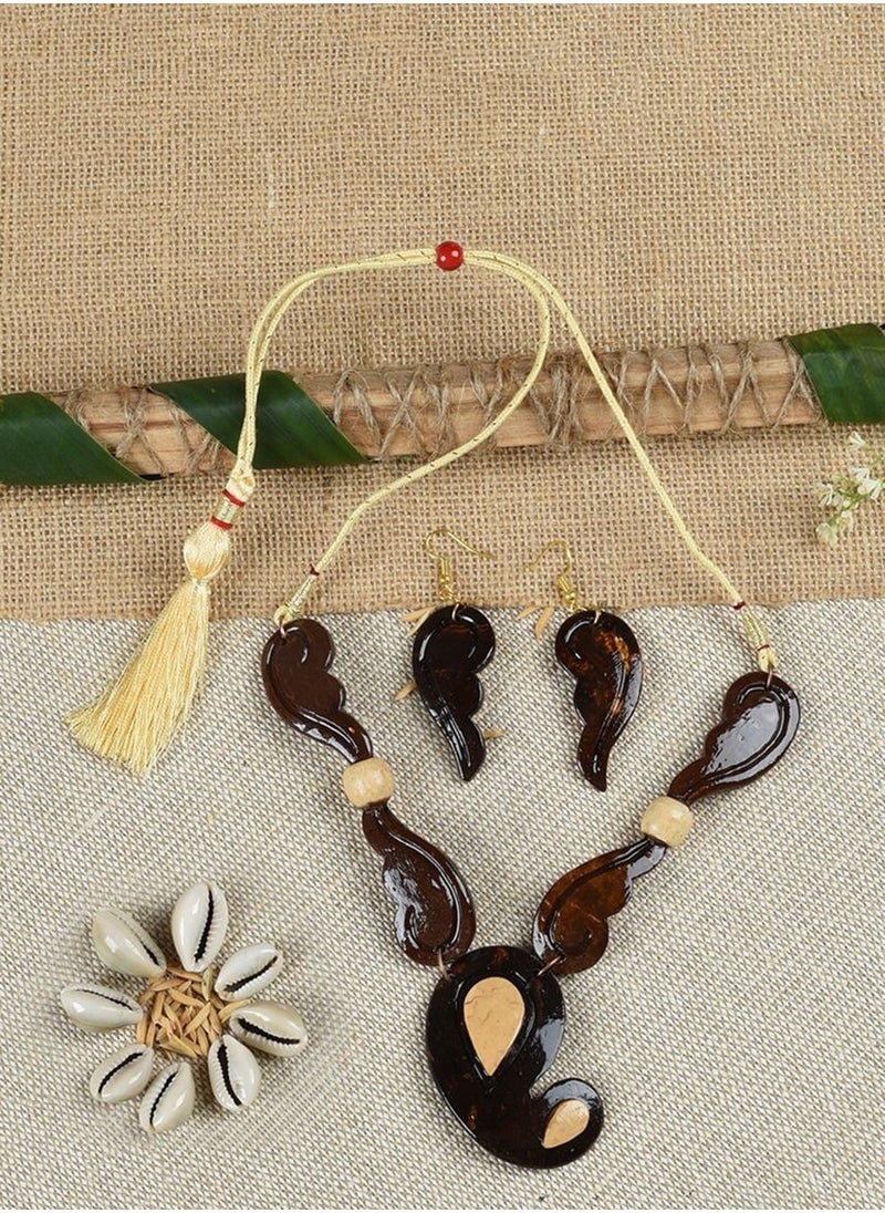 N & H - Women's Handcrafted Coconut Shell Fashionable Necklace with Earrings Set - Image 1