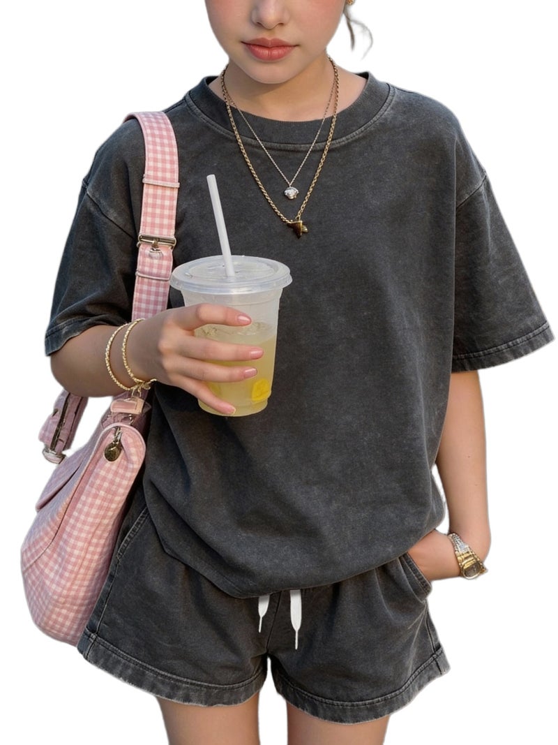 Solid Color Vintage Washed Short Sleeve & Shorts Set - Women's Distressed 2pcs Outfit, Relaxed Fit Summer Lounge Wear, Retro Casual Style - Image 1