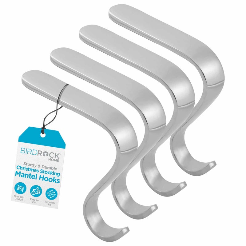 BirdRock Home BIRDROCK HOME Christmas Stocking Mantel Hooks  Metal Fireplace Hanger with NonSlip Pads  Holds Up to 10 lbs  Ideal for Hanging Stockings Garland  Holiday Decor  4 Pack Scroll Design Silver 