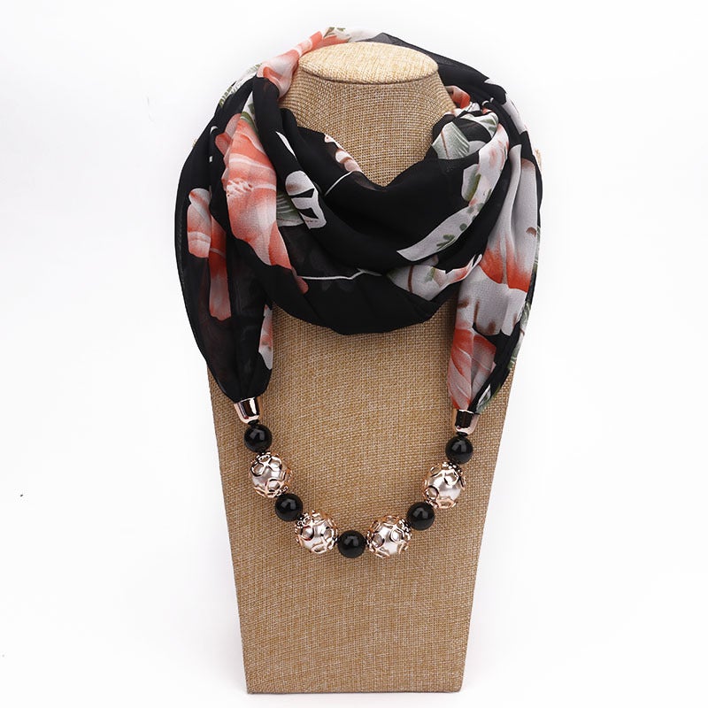 Beaded Pendant Scarf Clothing Printed Chiffon Necklace Scarf Neck Set - Image 4
