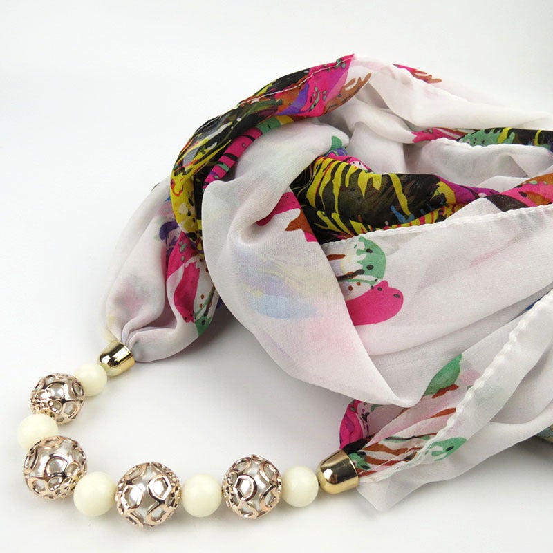 Beaded Pendant Scarf Clothing Printed Chiffon Necklace Scarf Neck Set - Image 1