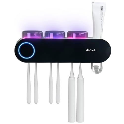iHave Wall Mounted Electric Toothbrush Holders with 3 Cups, UV Sanitizer, Toothpaste Dispenser, Smart Home Bathroom Accessories & Decor, Black - Image 4
