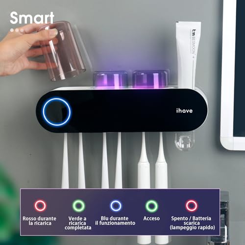 iHave Wall Mounted Electric Toothbrush Holders with 3 Cups, UV Sanitizer, Toothpaste Dispenser, Smart Home Bathroom Accessories & Decor, Black - Image 2