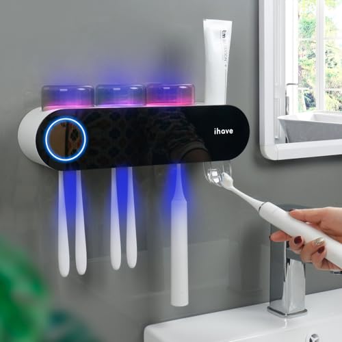 iHave Wall Mounted Electric Toothbrush Holders with 3 Cups, UV Sanitizer, Toothpaste Dispenser, Smart Home Bathroom Accessories & Decor, Black - Image 5