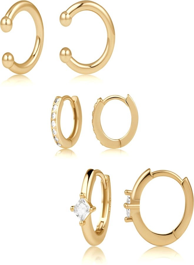 Poxtex Small Gold Hoop Earrings Set for Women, 14K Huggie CZ Earrings for Multiple Piercing Hypoallergenic Trendy Jewelry, Dainty Cartilage Earrings for Women Gifts 3 Pairs - Image 1