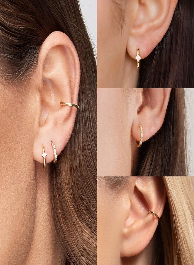 Poxtex Small Gold Hoop Earrings Set for Women, 14K Huggie CZ Earrings for Multiple Piercing Hypoallergenic Trendy Jewelry, Dainty Cartilage Earrings for Women Gifts 3 Pairs - Image 2