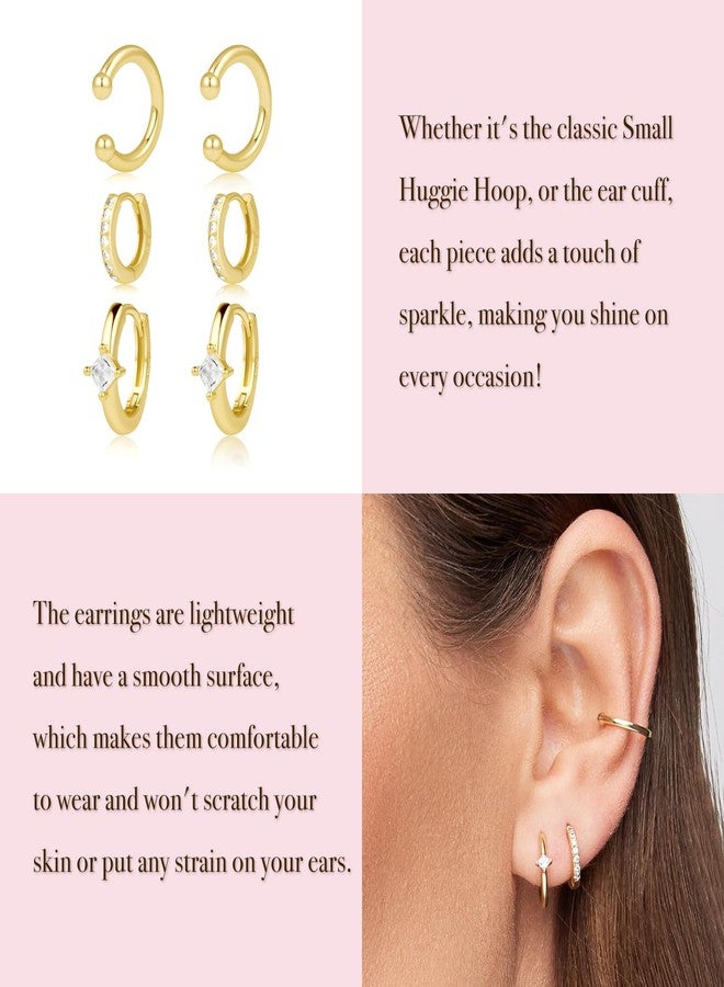 Poxtex Small Gold Hoop Earrings Set for Women, 14K Huggie CZ Earrings for Multiple Piercing Hypoallergenic Trendy Jewelry, Dainty Cartilage Earrings for Women Gifts 3 Pairs - Image 3