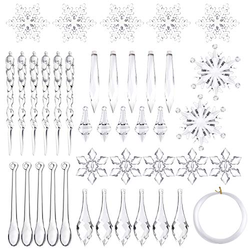 FEPITO 85 PCS Christmas Decoration Acrylic Snowflake Icicles Christmas Tree Icicle Snowflake with Crystal Line Ornaments Set for Christmas Party Decorations - Image 1