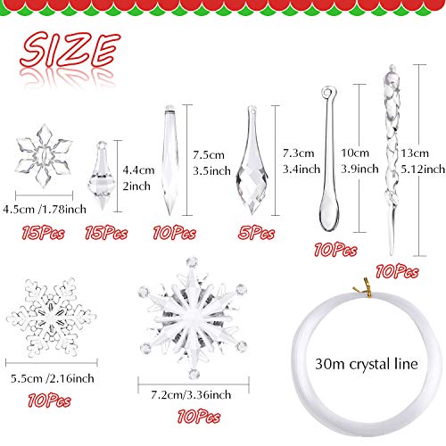FEPITO 85 PCS Christmas Decoration Acrylic Snowflake Icicles Christmas Tree Icicle Snowflake with Crystal Line Ornaments Set for Christmas Party Decorations - Image 3