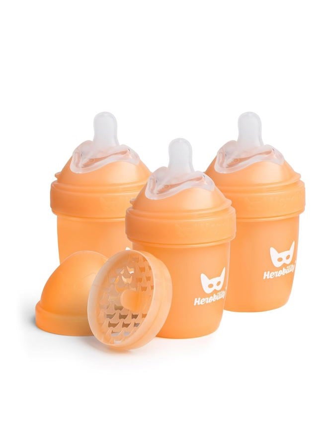 Herobility Anti-Colic Baby Bottles 5 fl oz/140 ml – Pack of 3 Newborn Baby Bottles, Slow Flow Plastic Bottles, Breast-Shaped Teat for Breastfed Babies, Small Baby Bottles, Swedish Design, Peach - Image 1