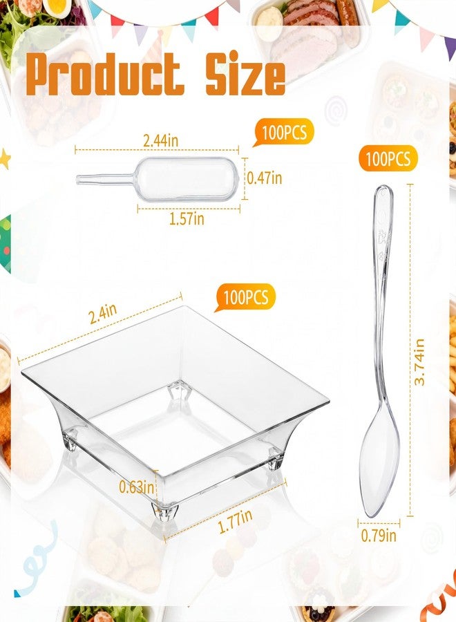 Mifoci 100 Set Mini Plastic Dessert Plates with Tasting Spoons and Pipettes, 2.5" Small Clear Disposable Square Appetizer Trays, Reusable Clear Plastic Mini Plates for Desserts Cake Fruit - Image 2