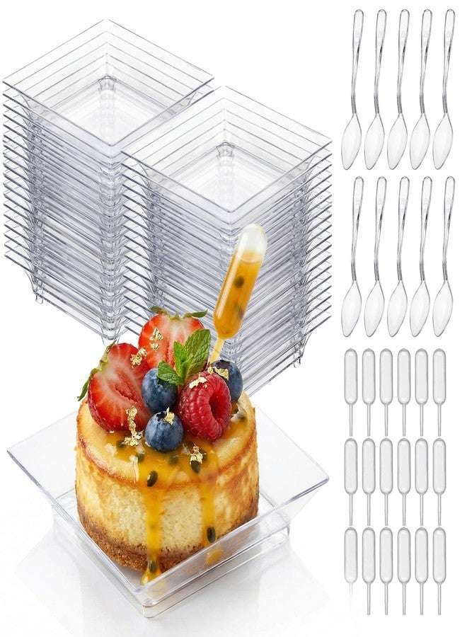 Mifoci 100 Set Mini Plastic Dessert Plates with Tasting Spoons and Pipettes, 2.5" Small Clear Disposable Square Appetizer Trays, Reusable Clear Plastic Mini Plates for Desserts Cake Fruit - Image 1