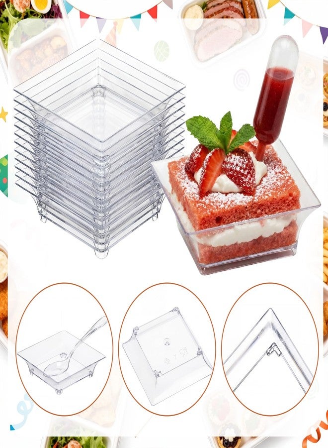 Mifoci 100 Set Mini Plastic Dessert Plates with Tasting Spoons and Pipettes, 2.5" Small Clear Disposable Square Appetizer Trays, Reusable Clear Plastic Mini Plates for Desserts Cake Fruit - Image 3