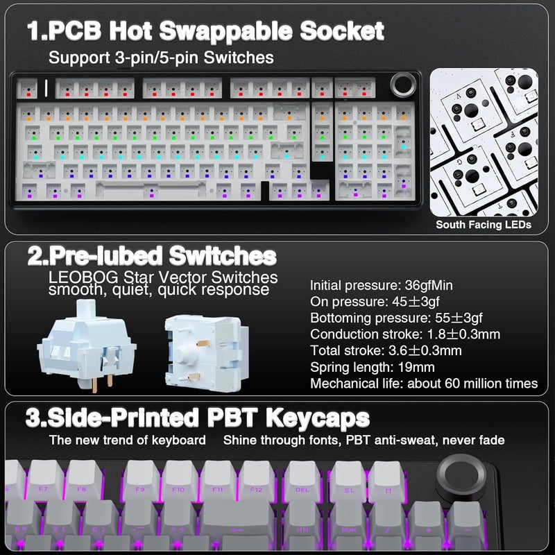 AULA F99 Pro Mechanical Gaming Keyboard, 3-Mode Wireless Mechanical Keyboard with Button, Five Layer Padding Structure, Side Engraved, RGB, QWERTY, Hot-swap Custom Keyboard - Image 5