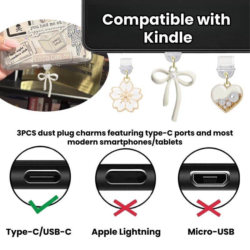Limotex 6PCS Charms Set Compatible with Kindle, Accessories Including Dust Plug Charm Type C/USB C, Charm Chain with Hook, Heart Grip Holder, Compatible with Kindle Paperwhite 11th 12th Generation - Image 3