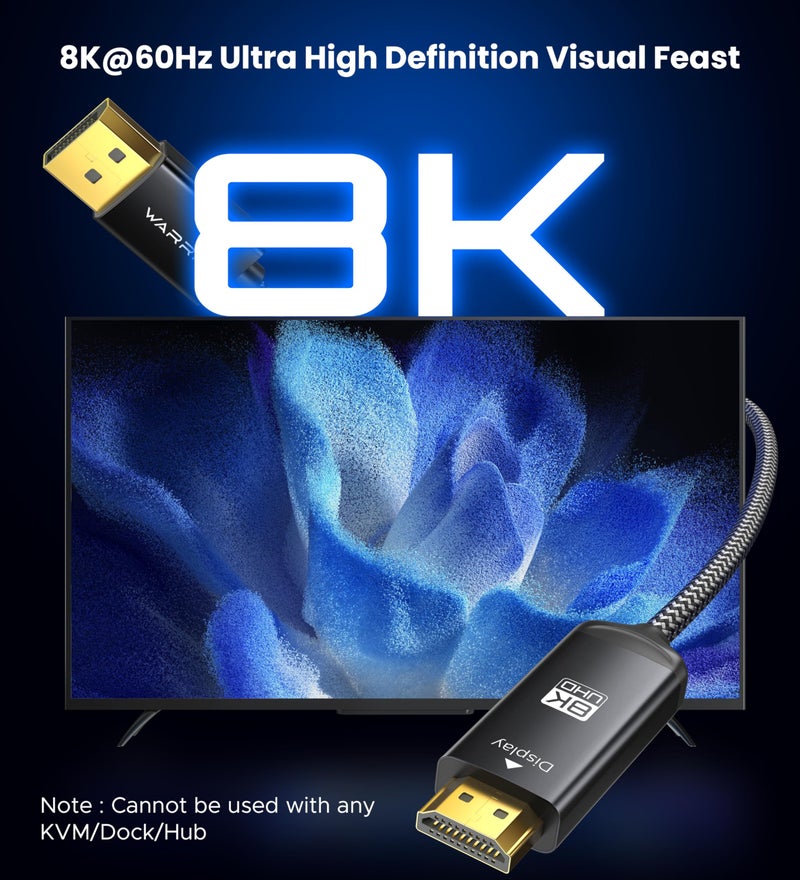 Warrky كابل وركي DisplayPort إلى HDMI [8K@60Hz، 4K@240Hz، مضفر نايلون، أسود] 6 أقدام أحادي الاتجاه DisplayPort 1.4 مصدر إلى HDMI 2.1 عرض، DP إلى HDMI متوافق مع الكمبيوتر، ديل، AMD، لينوفو، شاشة، HP - Image 2