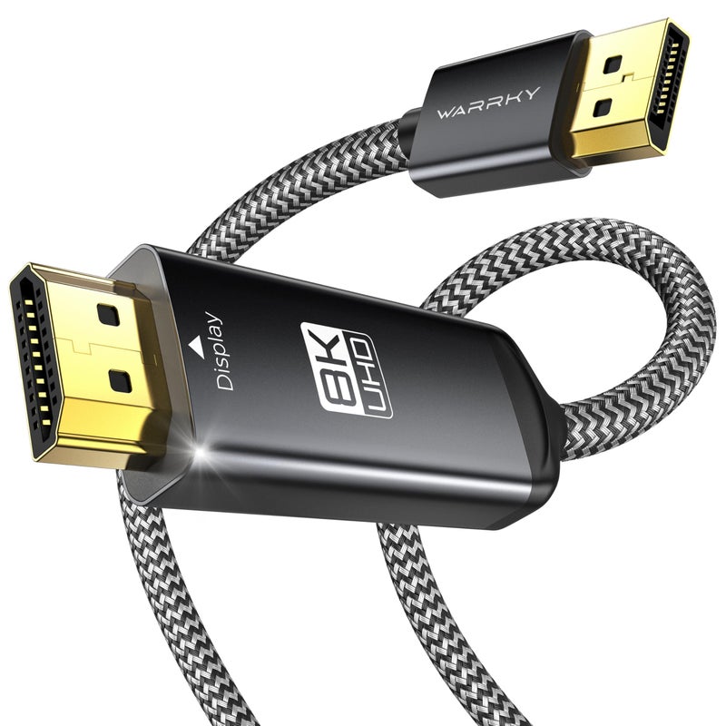 Warrky كابل وركي DisplayPort إلى HDMI [8K@60Hz، 4K@240Hz، مضفر نايلون، أسود] 6 أقدام أحادي الاتجاه DisplayPort 1.4 مصدر إلى HDMI 2.1 عرض، DP إلى HDMI متوافق مع الكمبيوتر، ديل، AMD، لينوفو، شاشة، HP - Image 1