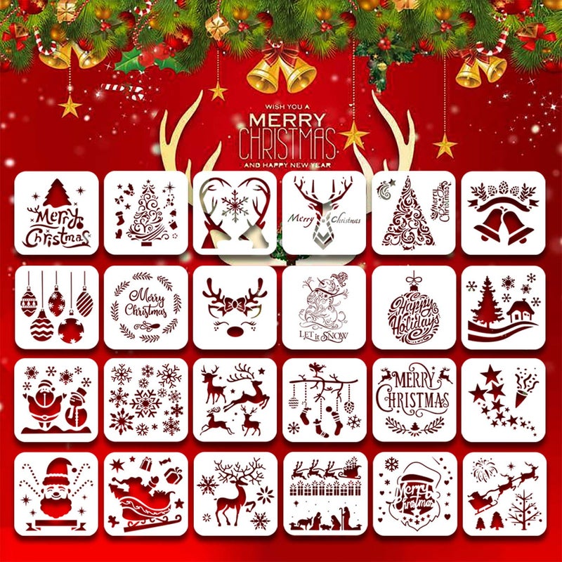 Fun Gift 24Pack Christmas Stencils Templates, 6inch Reusable Plastic Craft Drawing Painting Template, Xmas Stencils for Greeting Cards, Albums,Scrapbook, Notebook, Journal, Wall Art Wood, Face Cookie Decor - Image 1