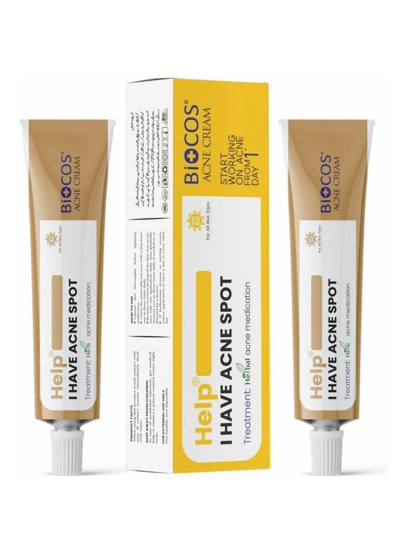 BIOCOS Anti Acne Cream Pack of 2, Acne Control Cream with Aloe Vera, Neem Extract, Bitter Gourd & Zinc Oxides for Pimple Treatment, Reduces Blemishes & Scars, Controls Oil & Natural Glow - 12g - Image 1