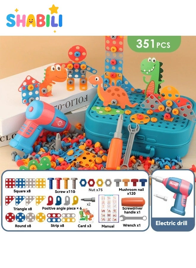 شبيلي ٣٥١ قطعة صندوق أدوات恐لون للأطفال مع مثقاب كهربائي، مجموعة لعب تجميع وتفكيك، مناسبة من عمر ٦ سنوات فما فوق، لعبة تعليمية STEM، هدية مثالية للعيد أو عيد الميلاد - Image 1