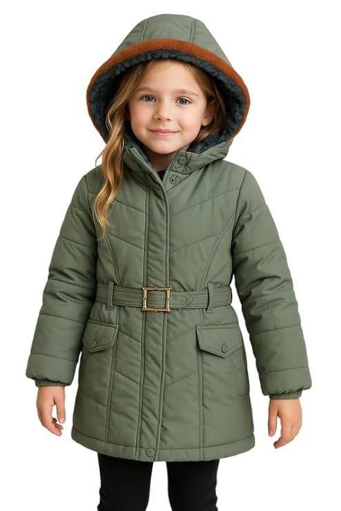 Krystle Girls’ Hooded Winter Jacket – Warm Quilted Puffer Coat with Belt, Water-Resistant Outerwear for Cold Weather (Green,3-4 Years) - Image 1