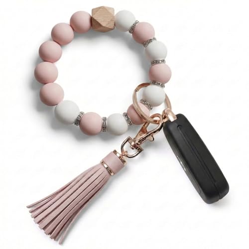 BIHRTC Keychain Wristlet Silicone Beaded Bracelet Key Ring Bracelet Wristlet Keychain Elastic Beaded Bangle Key Chains for Women with Leather Tassel House Car Key Ring Holder - Image 1