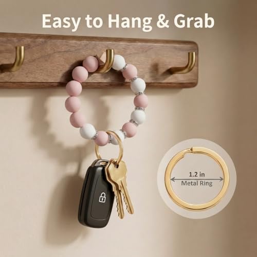 BIHRTC Keychain Wristlet Silicone Beaded Bracelet Key Ring Bracelet Wristlet Keychain Elastic Beaded Bangle Key Chains for Women with Leather Tassel House Car Key Ring Holder - Image 3
