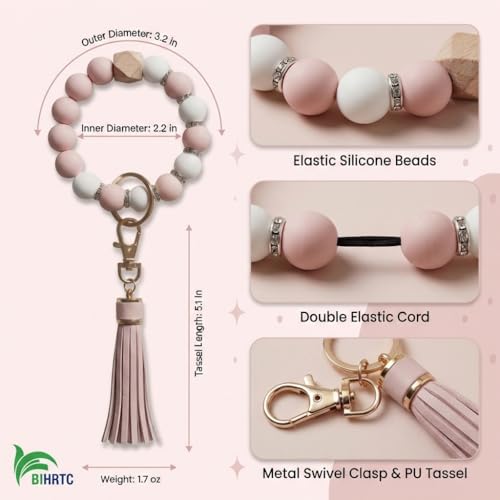 BIHRTC Keychain Wristlet Silicone Beaded Bracelet Key Ring Bracelet Wristlet Keychain Elastic Beaded Bangle Key Chains for Women with Leather Tassel House Car Key Ring Holder - Image 2