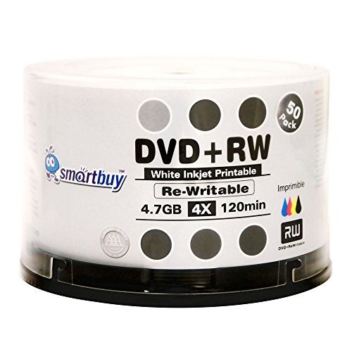 Smartbuy 50 Pack Smartbuy Blank DVD+RW 4X 4.7GB 120Min White Inkjet Hub Printable Rewritable DVD Media Disc - Image 1
