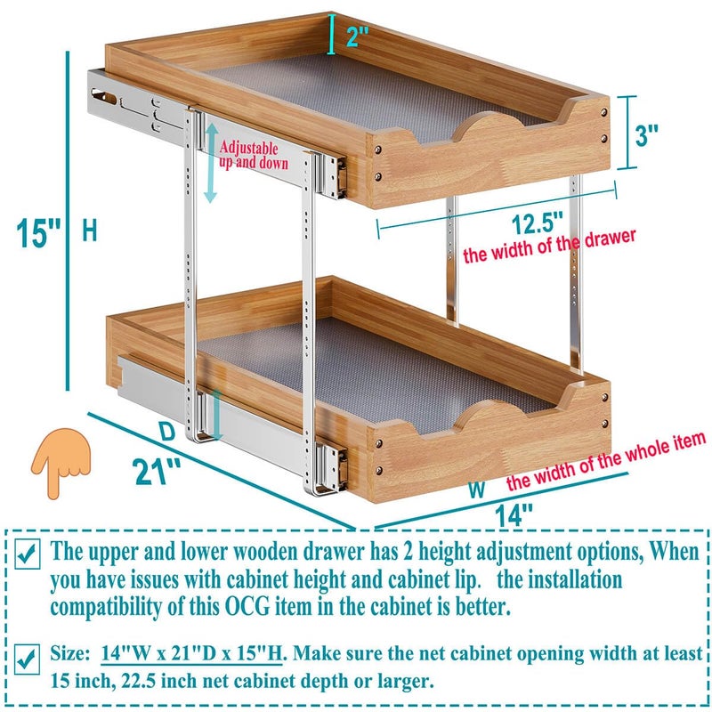 OCG Pull Out Drawers For Cabinets 14"W x 21"D, 2 Tier Heavy-Duty Slide out Wood Drawer Shelf, Pull Out Drawer for Cabinets, Base Cabinet Organization â€‹for Kitchen, Pantry, Bathroom - Image 3