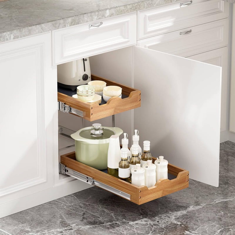 OCG Pull Out Drawers For Cabinets 14"W x 21"D, 2 Tier Heavy-Duty Slide out Wood Drawer Shelf, Pull Out Drawer for Cabinets, Base Cabinet Organization â€‹for Kitchen, Pantry, Bathroom - Image 2