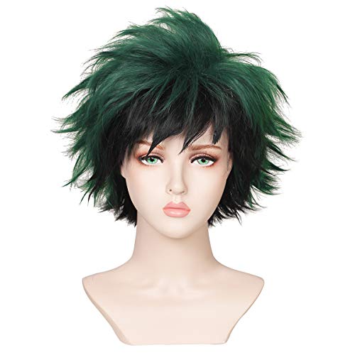 ColorGround Short Fluffy Prestyled Layered Wig for Anime Cosplay (Green/Black) - Image 1