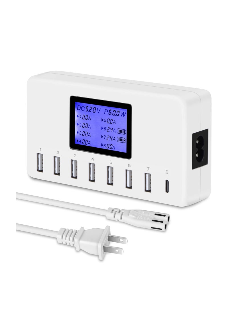 USB charger, 60W 12a 8-port USB charging station, multi port USB hub charger, compact LCD display, compatible with iPhone, iPad, Samsung Kindle tablet, Bluetooth headset, etc - Image 1