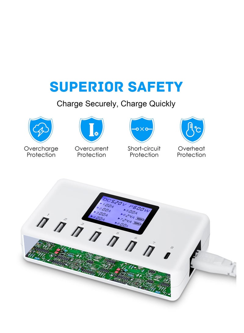 USB charger, 60W 12a 8-port USB charging station, multi port USB hub charger, compact LCD display, compatible with iPhone, iPad, Samsung Kindle tablet, Bluetooth headset, etc - Image 2