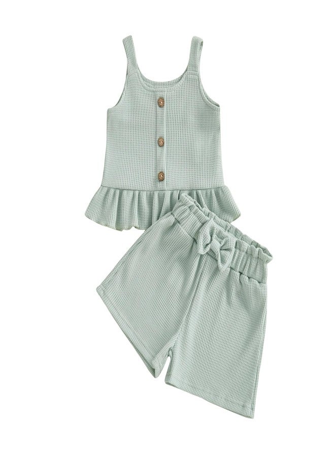Brvxia Toddler Girl Clothes Baby Summer Outfits Sleeveless Square Collar Ruffled Tank Tops Bow Shorts 2 Pieces Set (Green, 2-3T) - Image 1